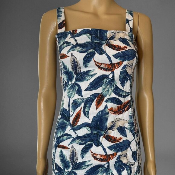 Robin K Sheath Mini Dress Medium White Blue Linen-Cotton Lined Wide Straps Leave - Picture 1 of 16